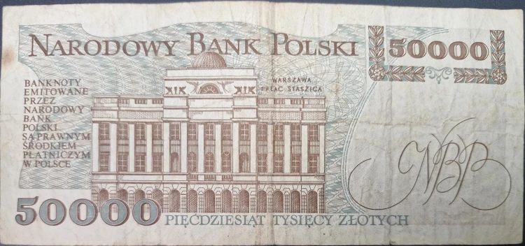 Banknot 50000 zł 1993 stan 3 rewers
