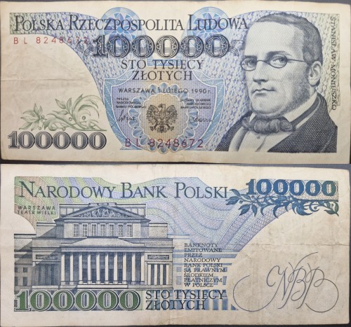 Banknot PRL 100000 zł 1990 Moniuszko
