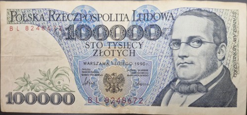 Banknot PRL 100000 zł 1990 Moniuszko awers