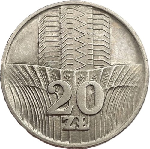 Moneta 20 złotych Wieżowiec i Kłosy 1973 r. rewers