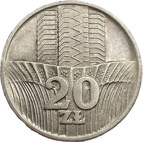 Moneta 20 złotych Wieżowiec i Kłosy 1973 r. rewers