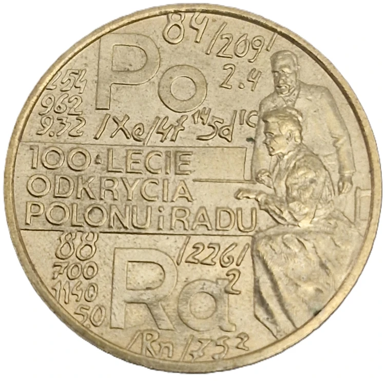 Moneta okolicznościowa 2 zł 1998 100 lecie odkrycia polonu i radu rewers