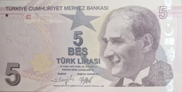 Turcja banknot 5 Lira 2009 awers