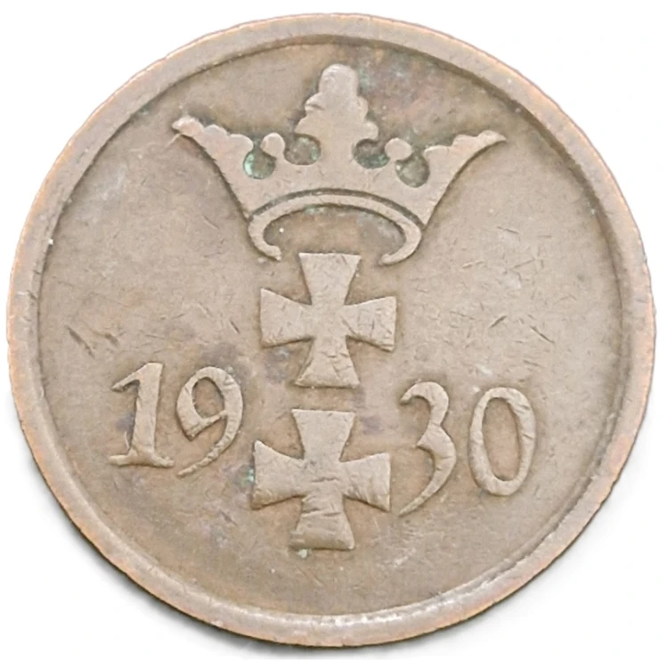 Moneta 1 fenig Wolne Miasto Gdańsk 1930 awers