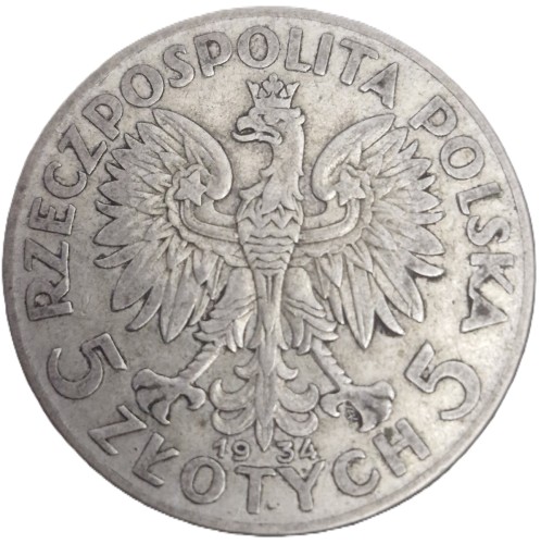 5 złotych 1934 Polonia Głowa Kobiety awers stan 3