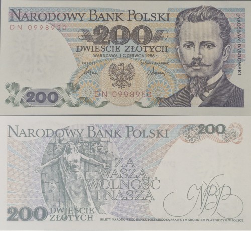 Banknot PRL 200 zł Jarosław Dąbrowski 1986