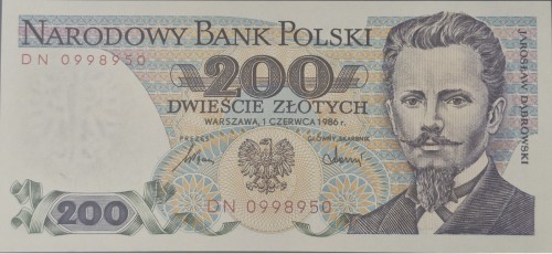 Banknot PRL 200 zł Jarosław Dąbrowski 1986 awers