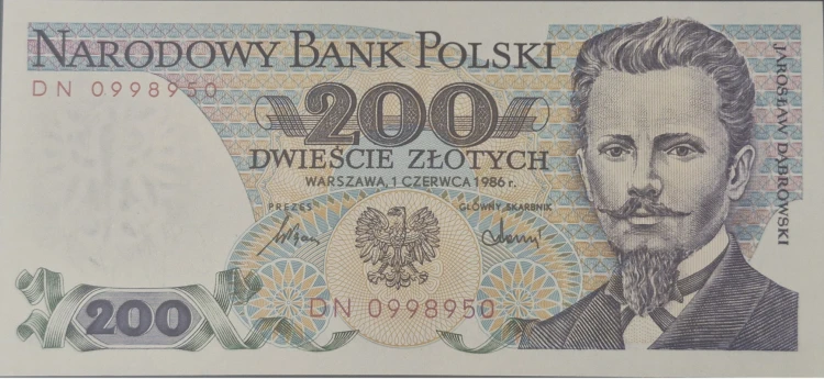 Banknot PRL 200 zł Jarosław Dąbrowski 1986 awers