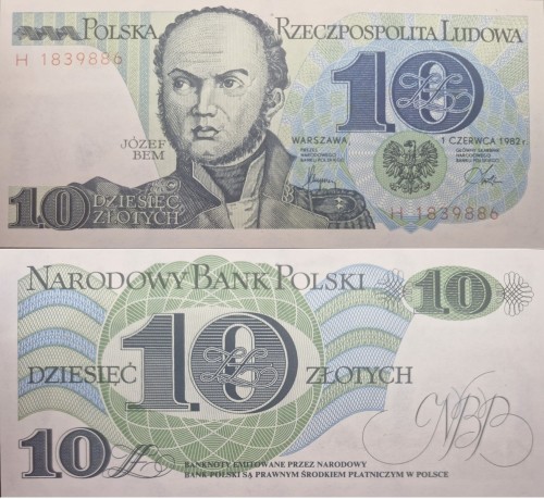Banknot PRL 10 zł Józef Bem 1982