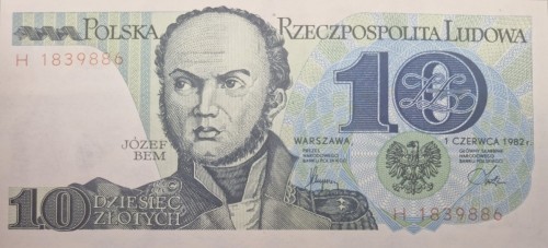 Banknot PRL 10 zł Józef Bem 1982 awers