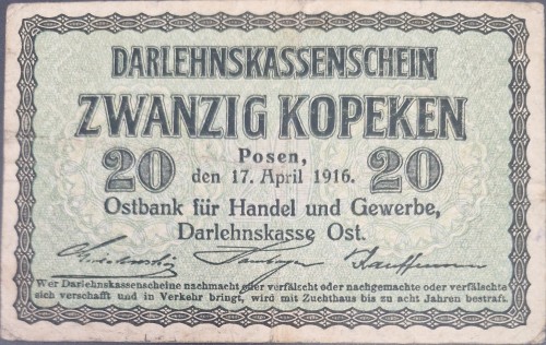 Banknot 20 Kopiejek 1916 Okupacja terenów wschodnich Poznań awers