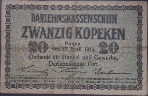 Banknot 20 Kopiejek 1916 Okupacja terenów wschodnich Poznań awers