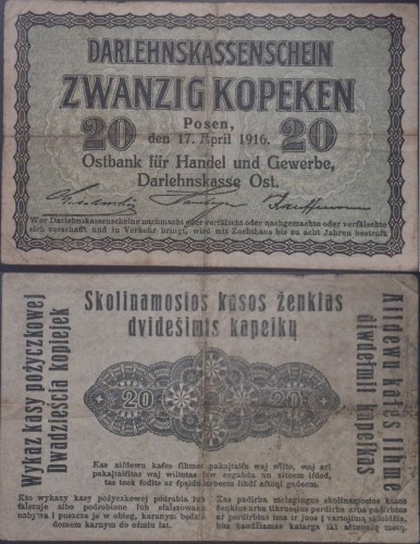 Banknot 20 Kopiejek 1916 Okupacja terenów wschodnich Poznań