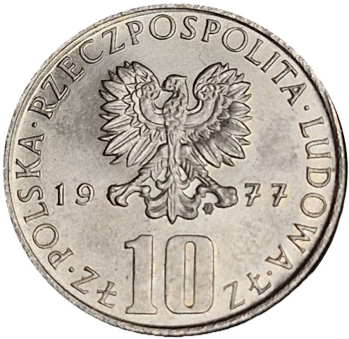 Moneta PRL 10 złotych 1977  Bolesław Prus awers