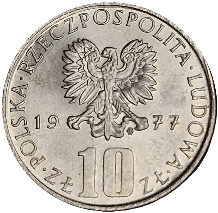 Moneta PRL 10 złotych 1977  Bolesław Prus awers