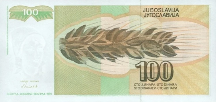 Jugosławia banknot 100 dinara 1991 rewers