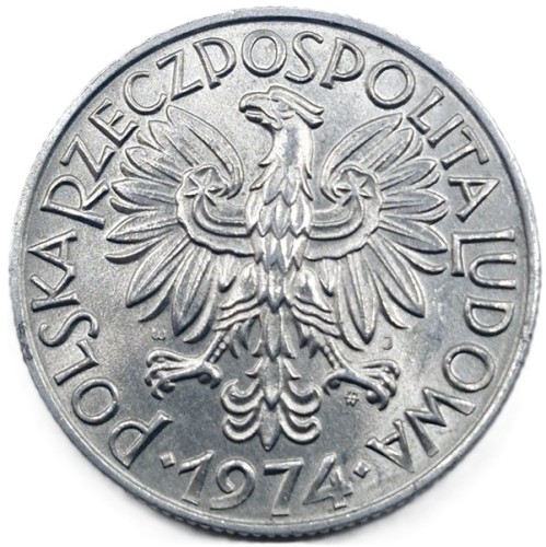 Moneta 5 zł Rybak 1974 stan 2 awers