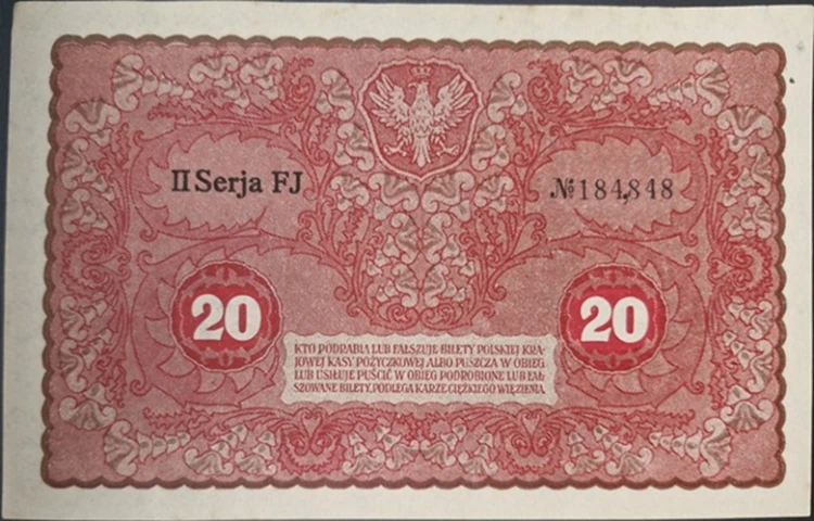Banknot 20 marek 1919 stan 2 rewers