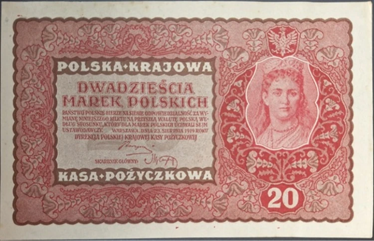 Banknot 20 marek 1919 stan 2 awers