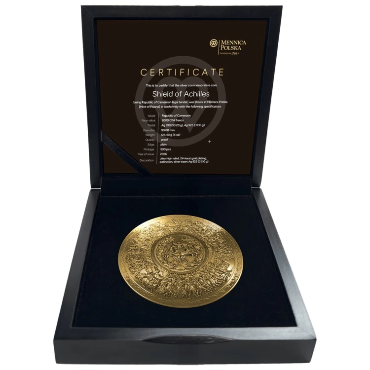 Moneta 3000 franków Tarcza Achillesa 2026 box