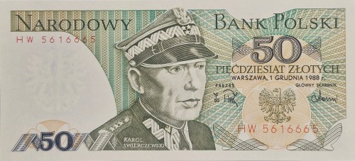 Banknot PRL 50 zł 1988 Karol Świerczewski awers
