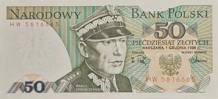 Banknot PRL 50 zł 1988 Karol Świerczewski awers