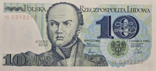 Banknot PRL 10 zł Józef Bem 1982 seria N awers