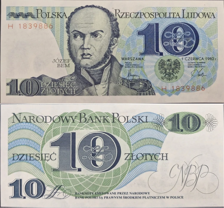 Banknot PRL 10 zł 1982 Józef Bem seria H