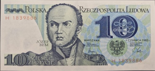 Banknot PRL 10 zł 1982 Józef Bem seria H awers