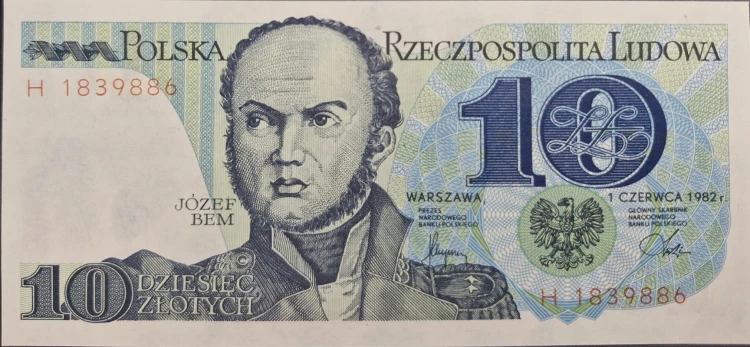 Banknot PRL 10 zł 1982 Józef Bem seria H awers