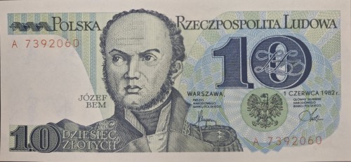 Banknot PRL 10 zł 1982 Józef Bem seria A awers