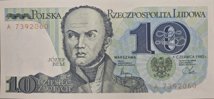 Banknot PRL 10 zł 1982 Józef Bem seria A awers
