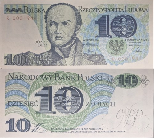 Banknot PRL 10 zł 1982 Józef Bem seria R