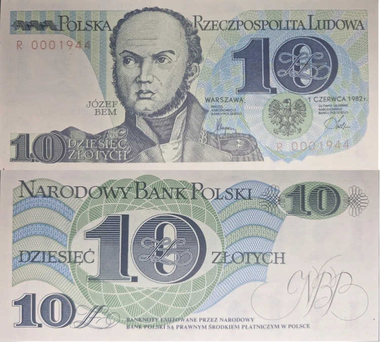 Banknot PRL 10 zł 1982 Józef Bem seria R