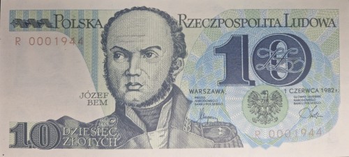 Banknot PRL 10 zł 1982 Józef Bem seria R awers