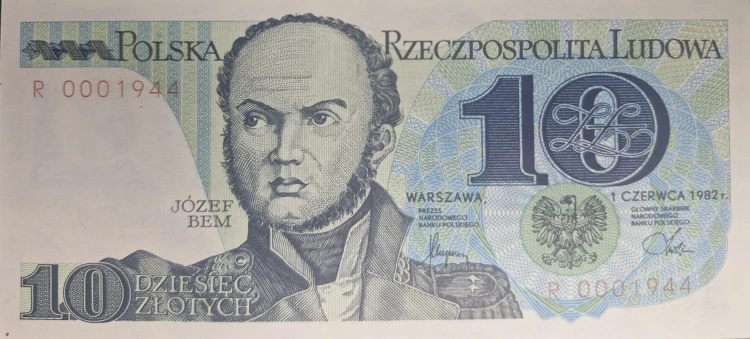 Banknot PRL 10 zł 1982 Józef Bem seria R awers