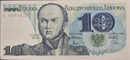 Banknot PRL 10 zł 1982 Józef Bem seria S awers