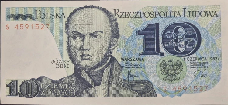 Banknot PRL 10 zł 1982 Józef Bem seria S awers