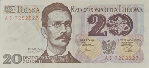Banknot 20 złotych Romuald Traugut 1982 awers