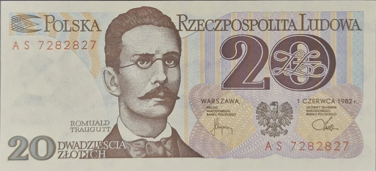 Banknot 20 złotych Romuald Traugut 1982 awers