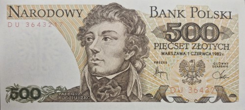 Banknot PRL 500 zł Tadeusz Kościuszko 1982 awers
