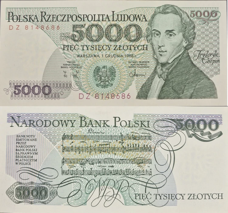 Banknot PRL 5000 zł 1988 Fryderyk Chopin stan 2
