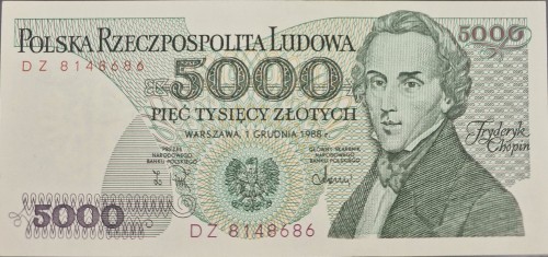 Banknot PRL 5000 zł 1988 Fryderyk Chopin stan 2 awers