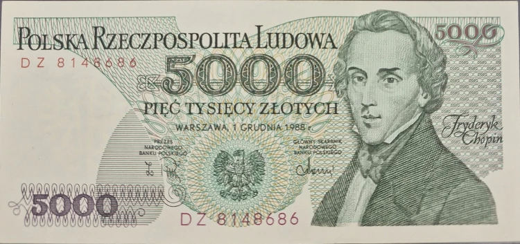 Banknot PRL 5000 zł 1988 Fryderyk Chopin stan 2 awers