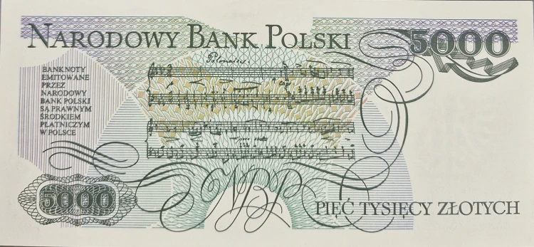 Banknot PRL 5000 zł 1988 Fryderyk Chopin stan 2 rewers