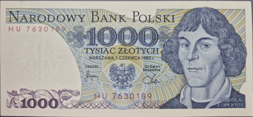 Banknot PRL 1000 zł Mikołaj Kopernik 1982 stan 1 awers