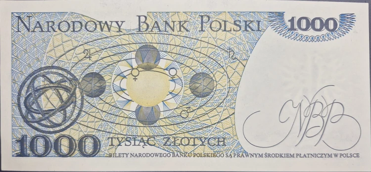 Banknot PRL 1000 zł Mikołaj Kopernik 1982 stan 1 rewers
