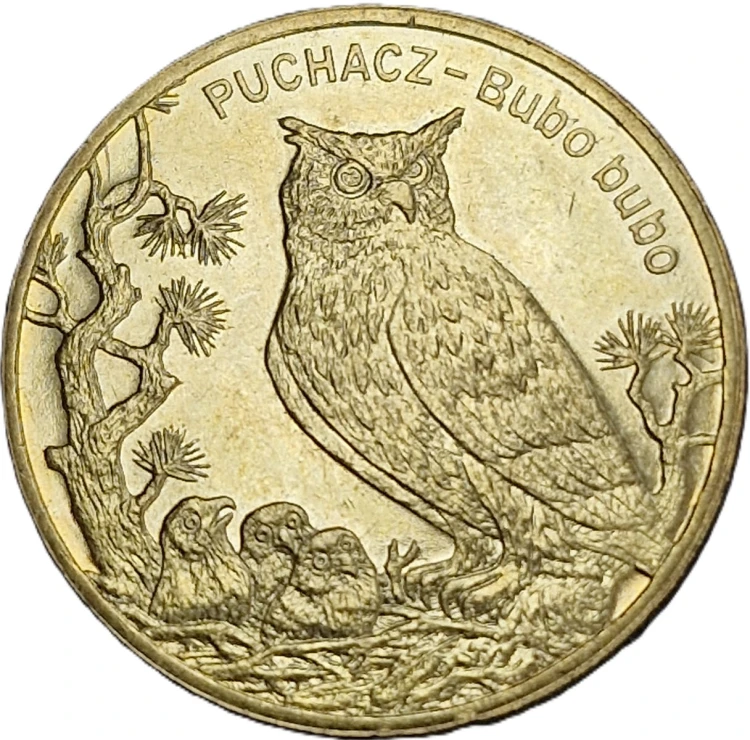 Moneta okolicznościowa 2 zł Puchacz 2005 rewers Zwierzęta Świata