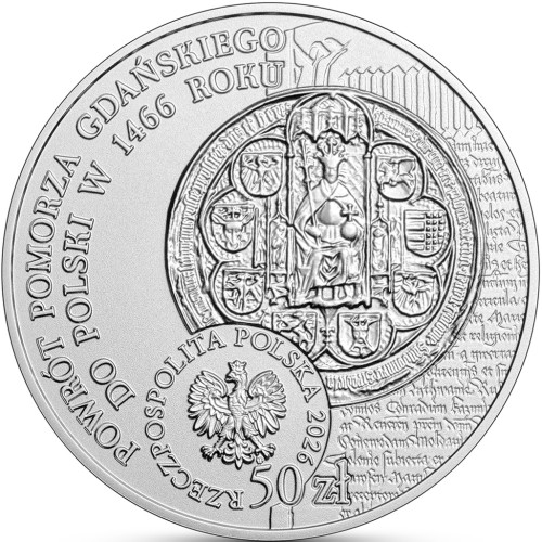 Moneta 50 zł Powrót Pomorza Gdańskiego do Polski w 1466 2026 awers