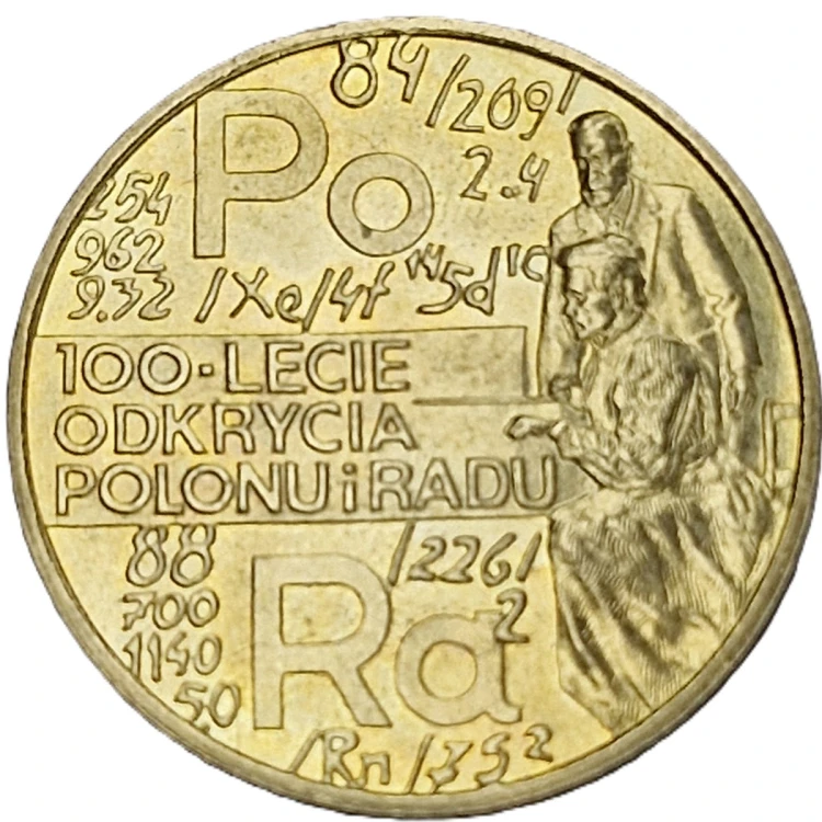 Moneta okolicznościowa 2 zł 1998 100 lecie odkrycia polonu i radu rewers